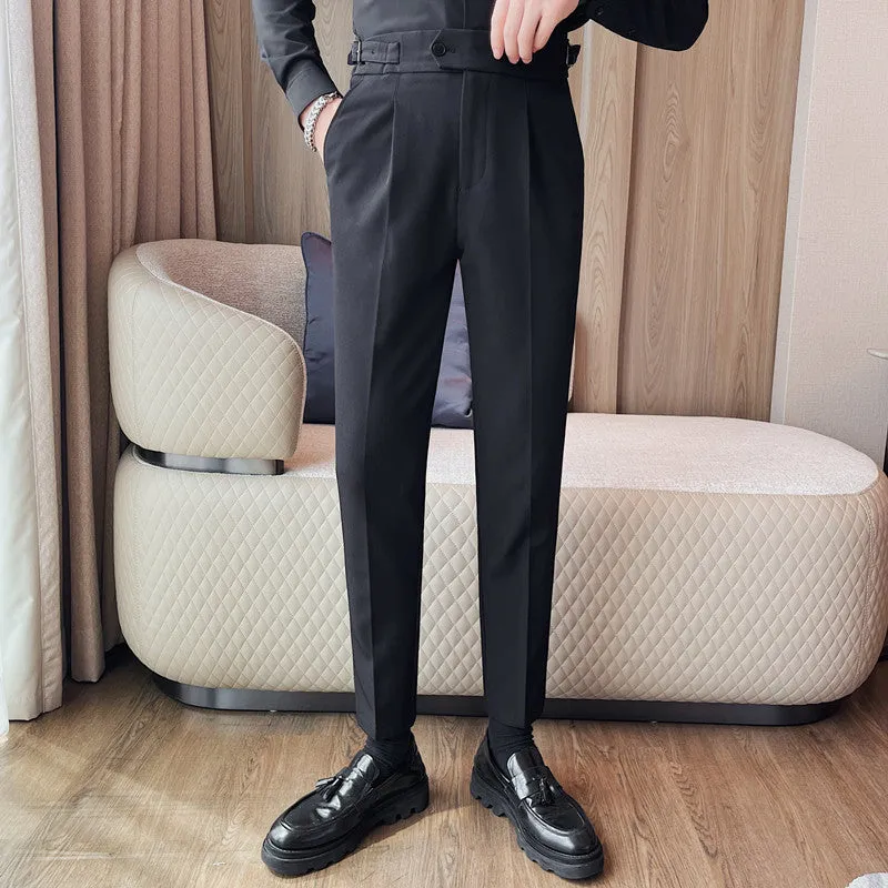 Mens Solid Color High Waist Pants Solid Color Slim Fit Trousers