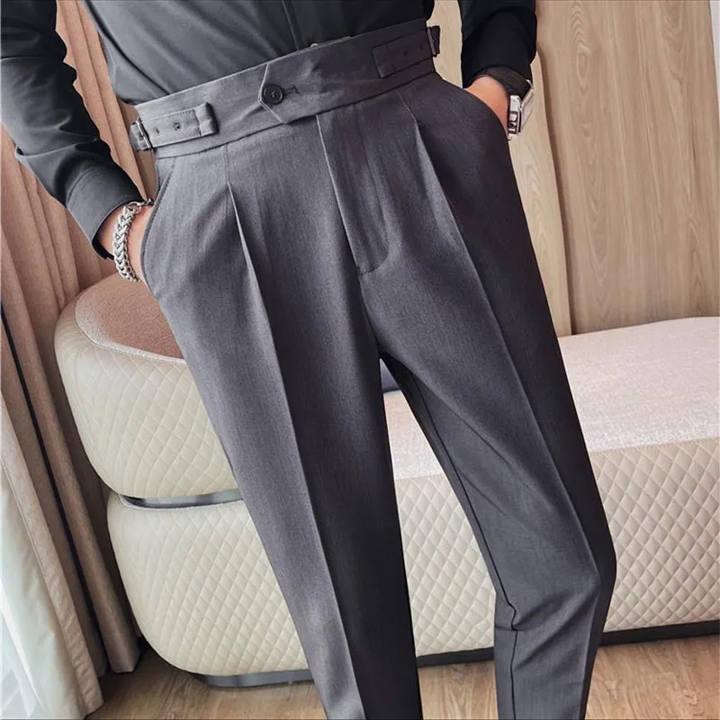 Mens Solid Color High Waist Pants Solid Color Slim Fit Trousers