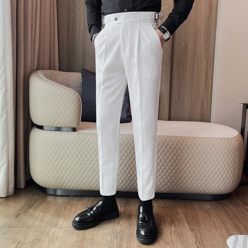 Mens Solid Color High Waist Pants Solid Color Slim Fit Trousers
