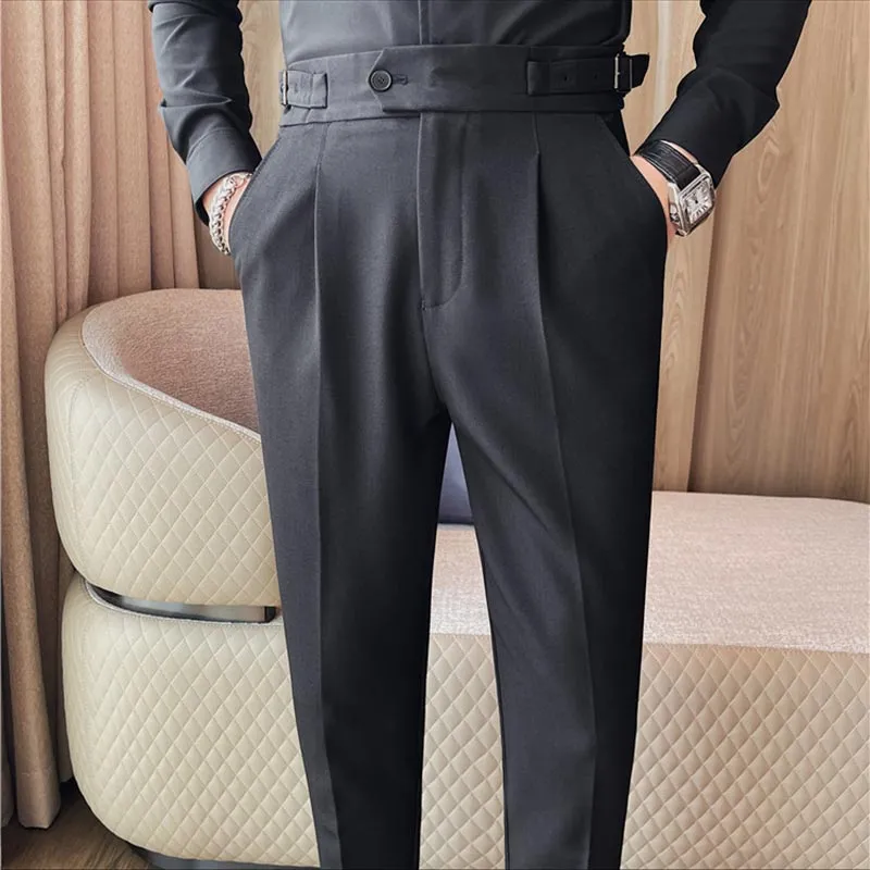 Mens Solid Color High Waist Pants Solid Color Slim Fit Trousers