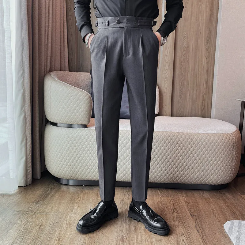 Mens Solid Color High Waist Pants Solid Color Slim Fit Trousers
