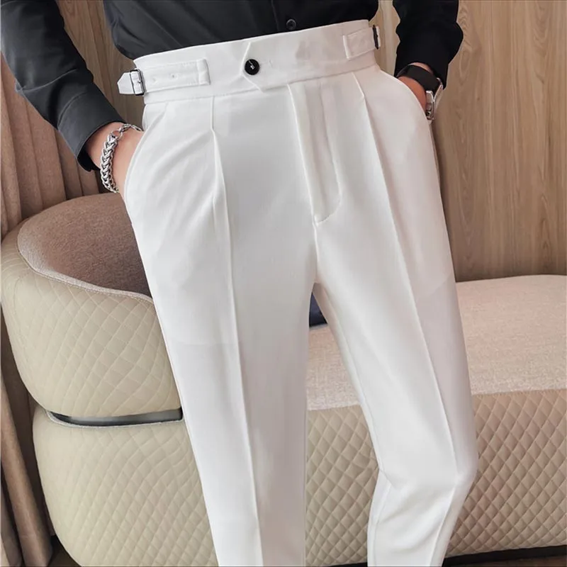 Mens Solid Color High Waist Pants Solid Color Slim Fit Trousers