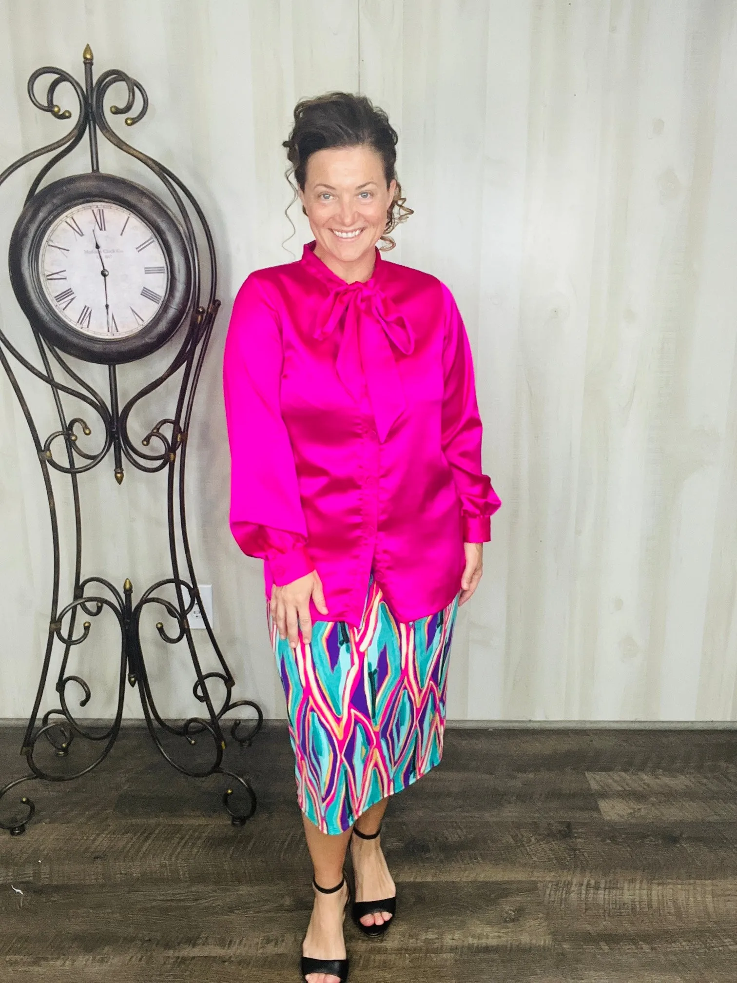 Mindy Satin Style Button Down Blouse- Hot Pink