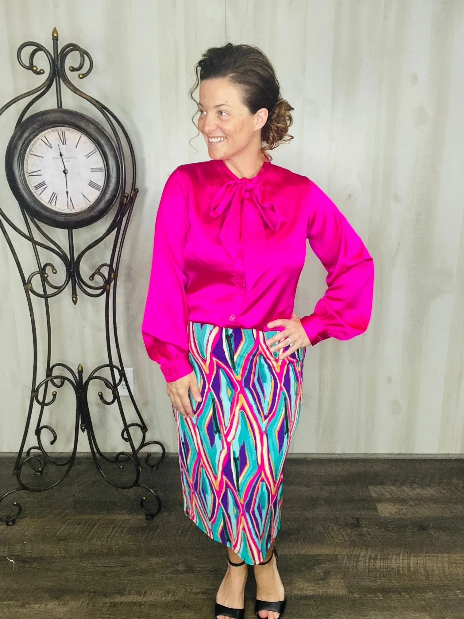 Mindy Satin Style Button Down Blouse- Hot Pink