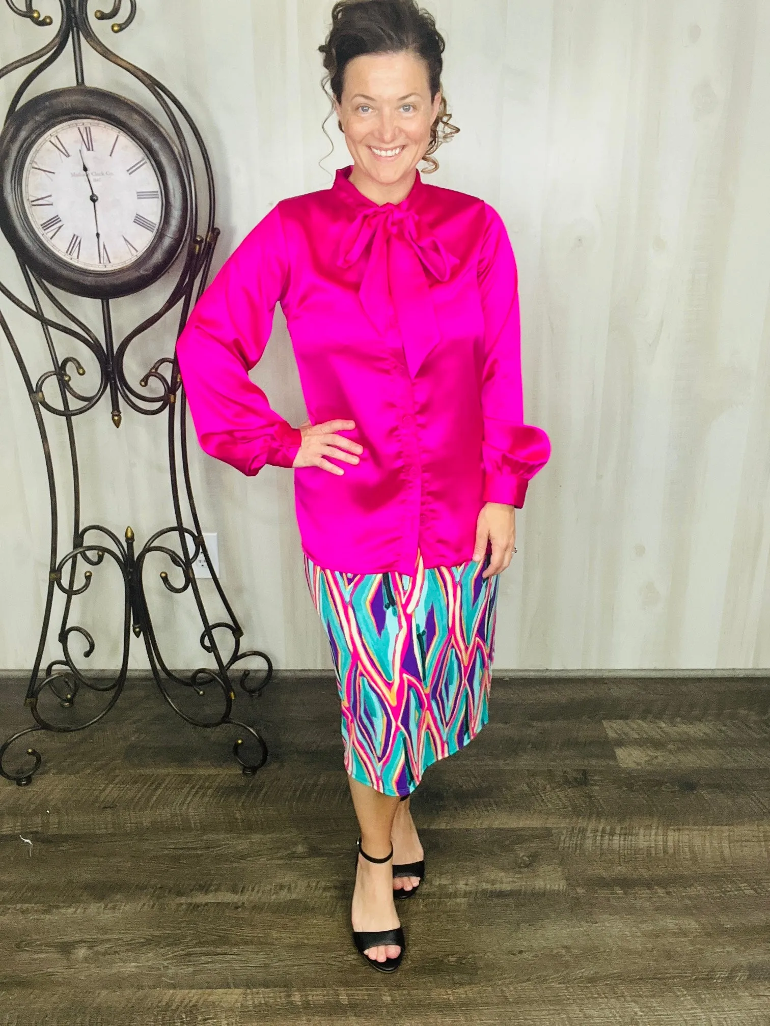 Mindy Satin Style Button Down Blouse- Hot Pink