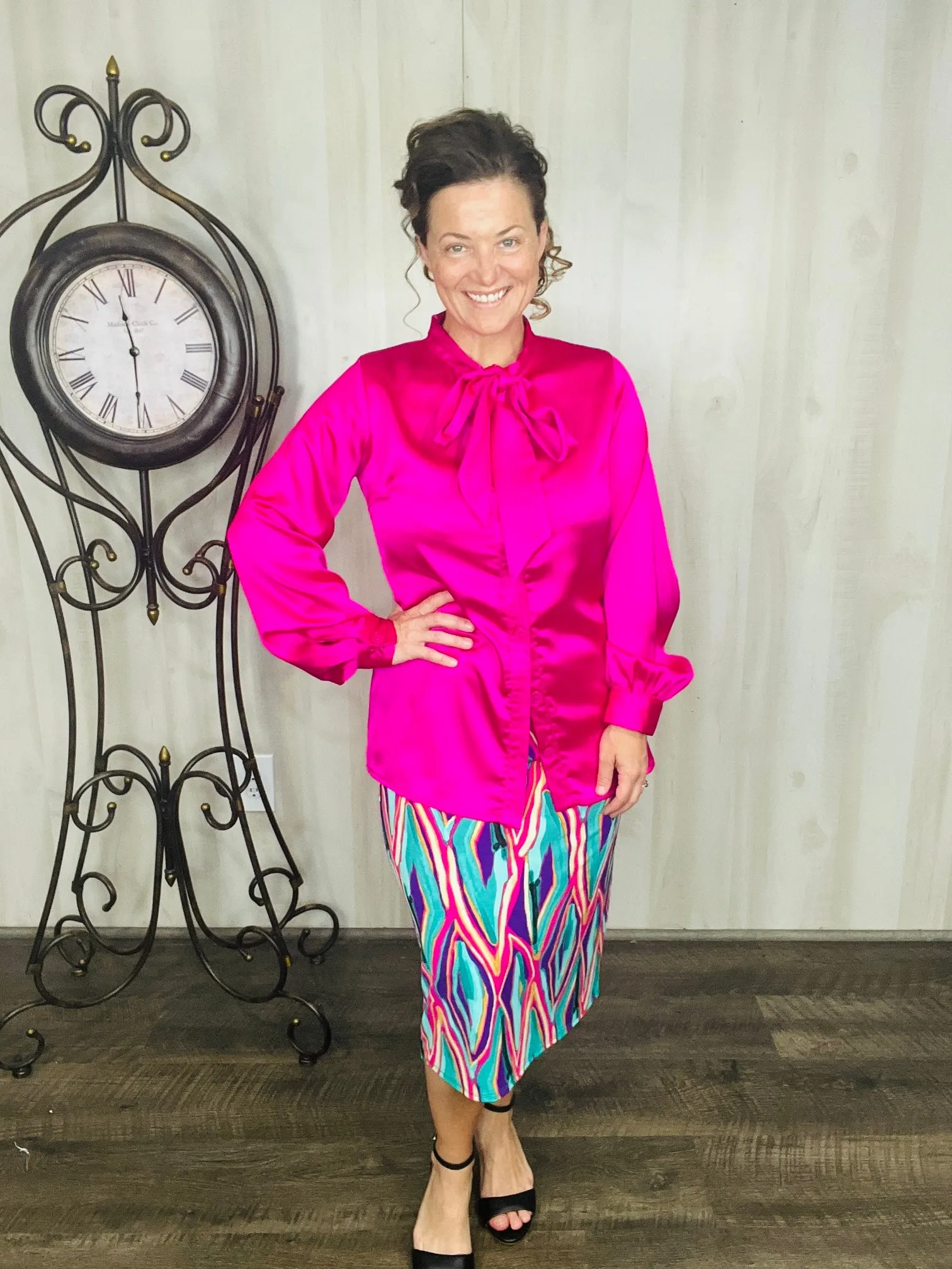 Mindy Satin Style Button Down Blouse- Hot Pink