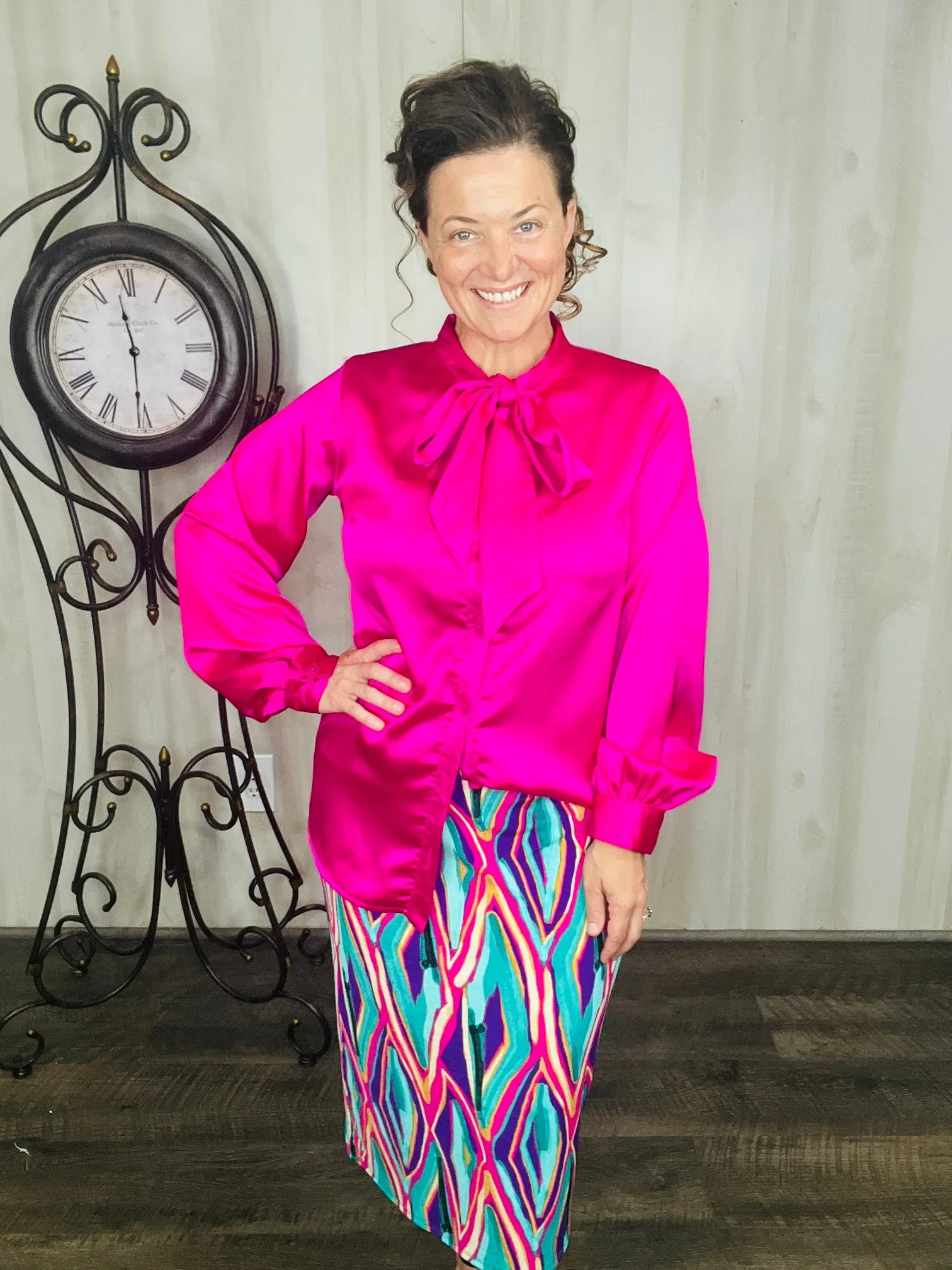 Mindy Satin Style Button Down Blouse- Hot Pink