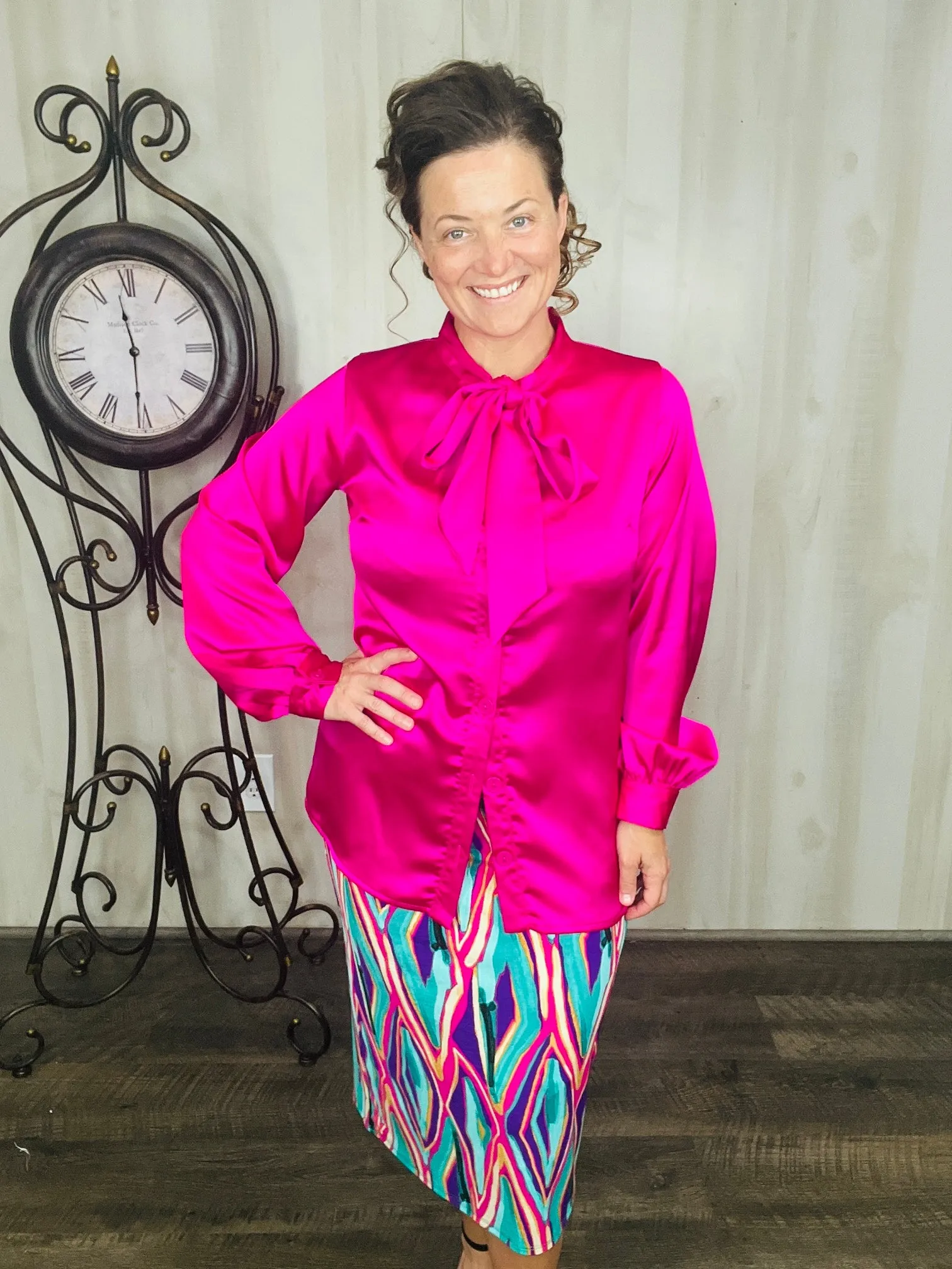 Mindy Satin Style Button Down Blouse- Hot Pink