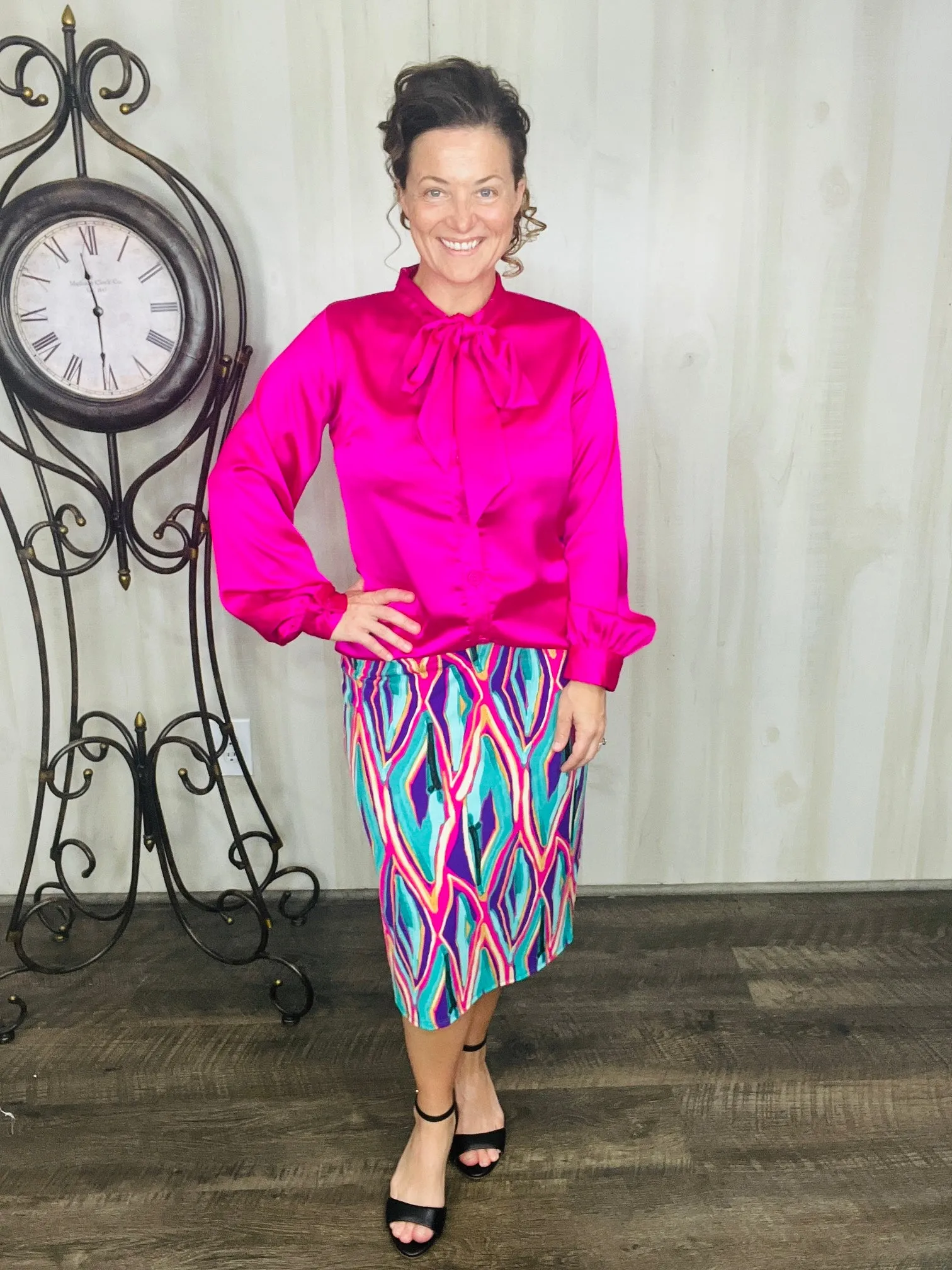 Mindy Satin Style Button Down Blouse- Hot Pink