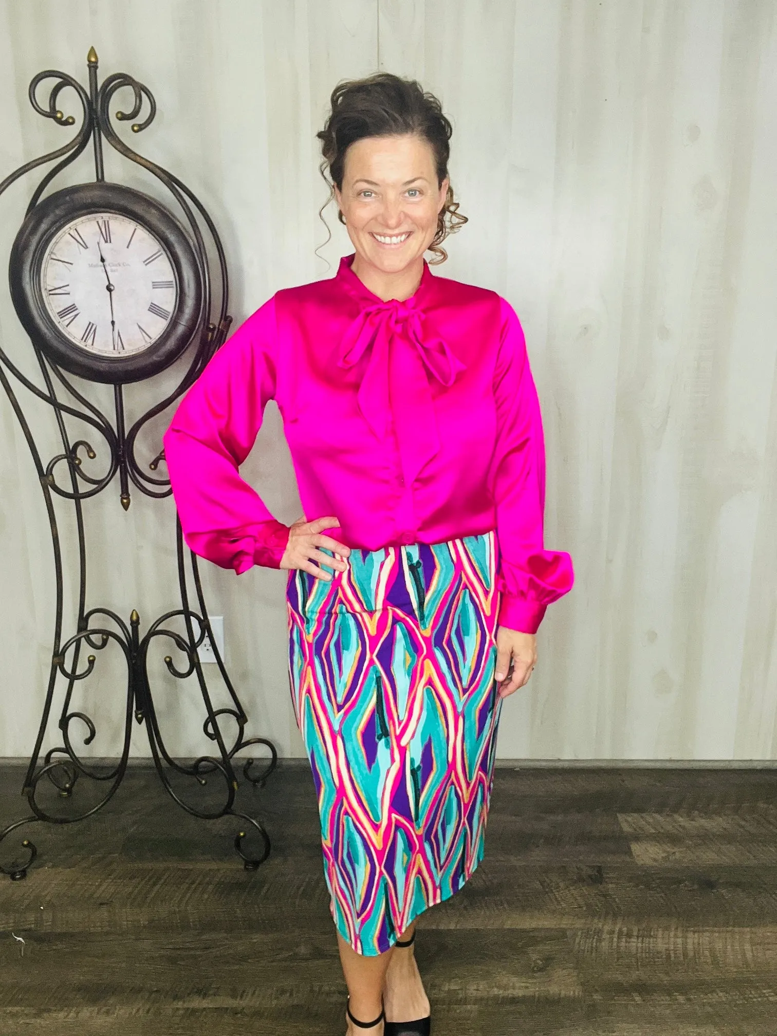 Mindy Satin Style Button Down Blouse- Hot Pink