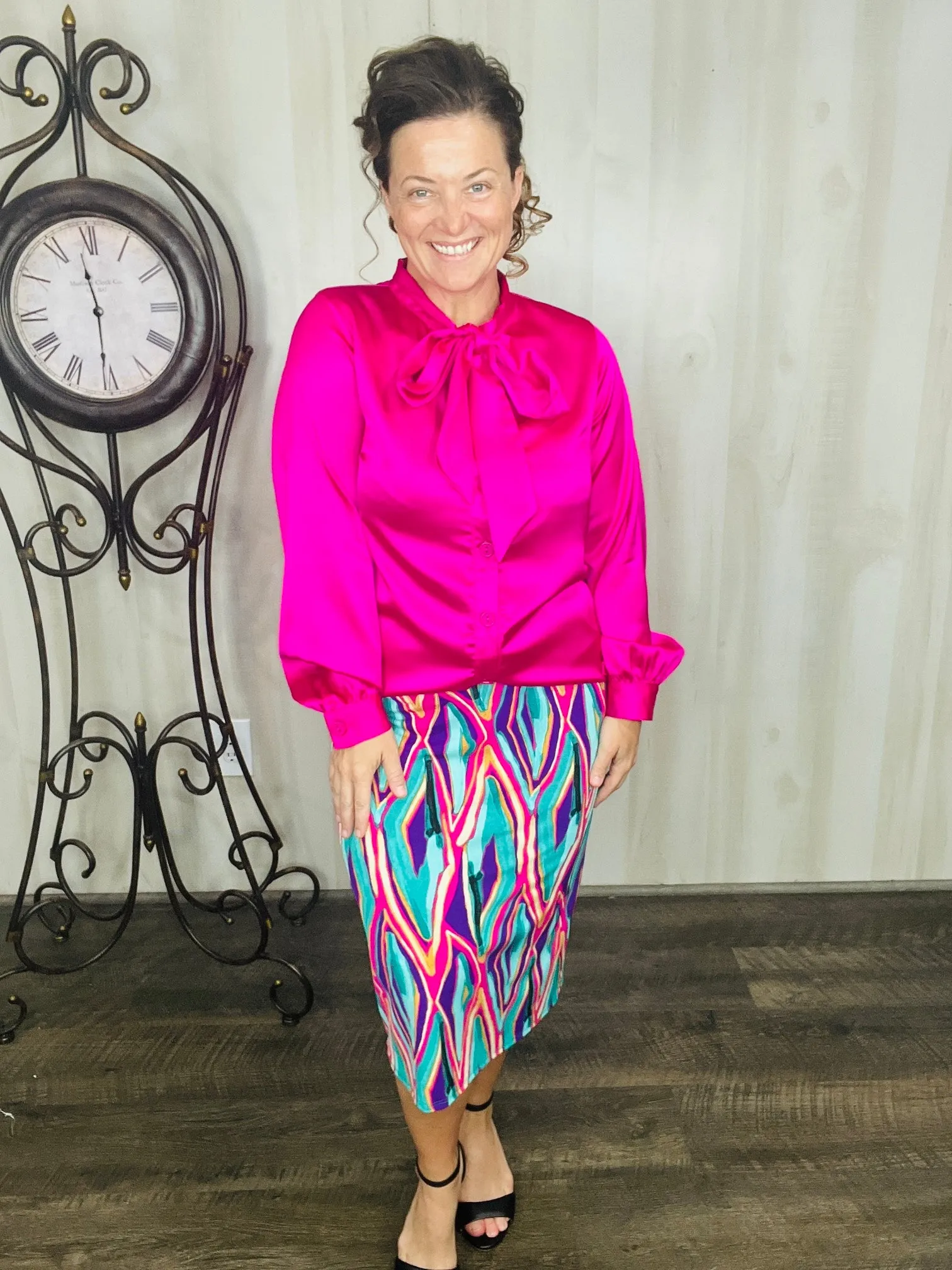 Mindy Satin Style Button Down Blouse- Hot Pink