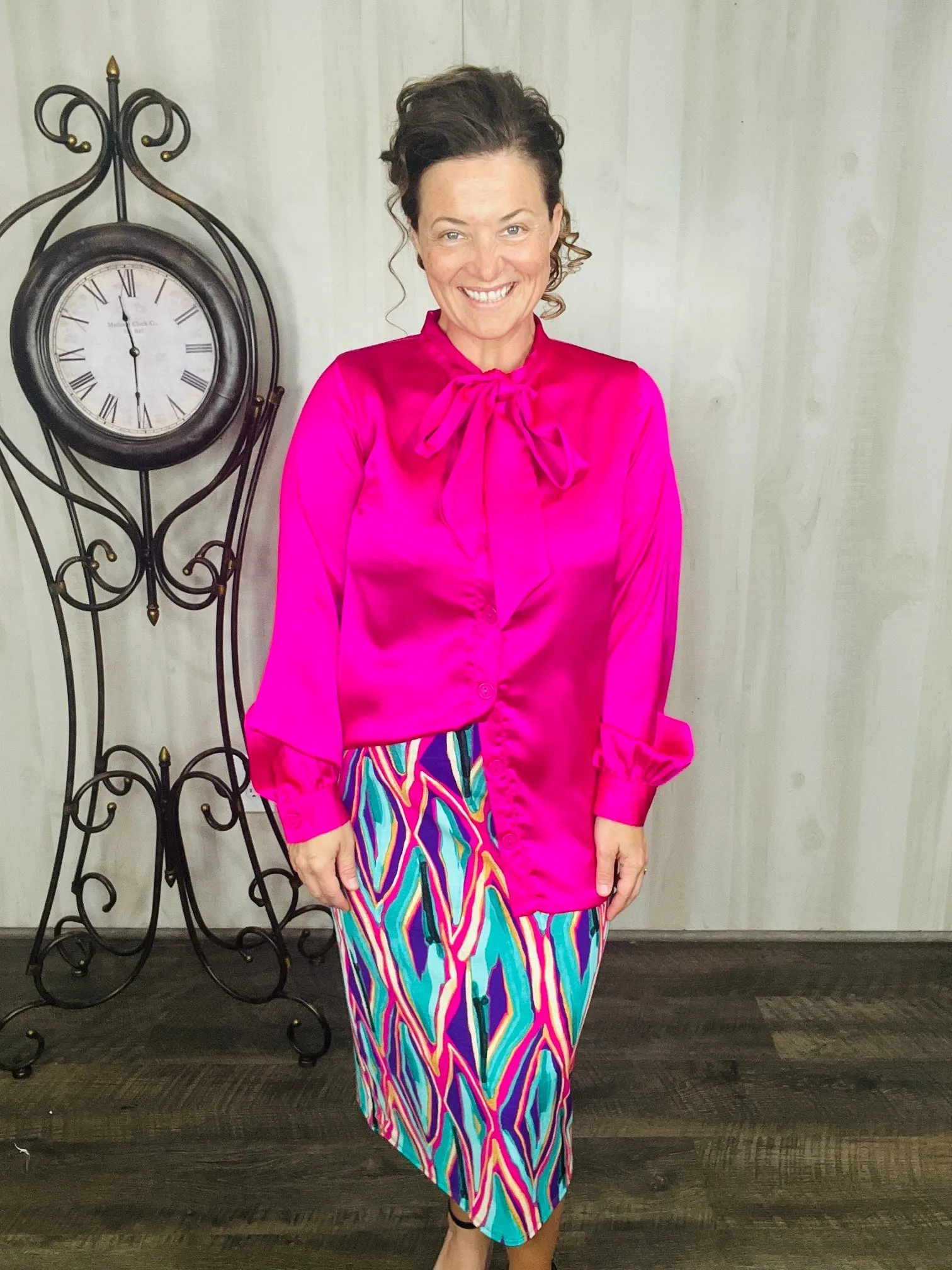 Mindy Satin Style Button Down Blouse- Hot Pink