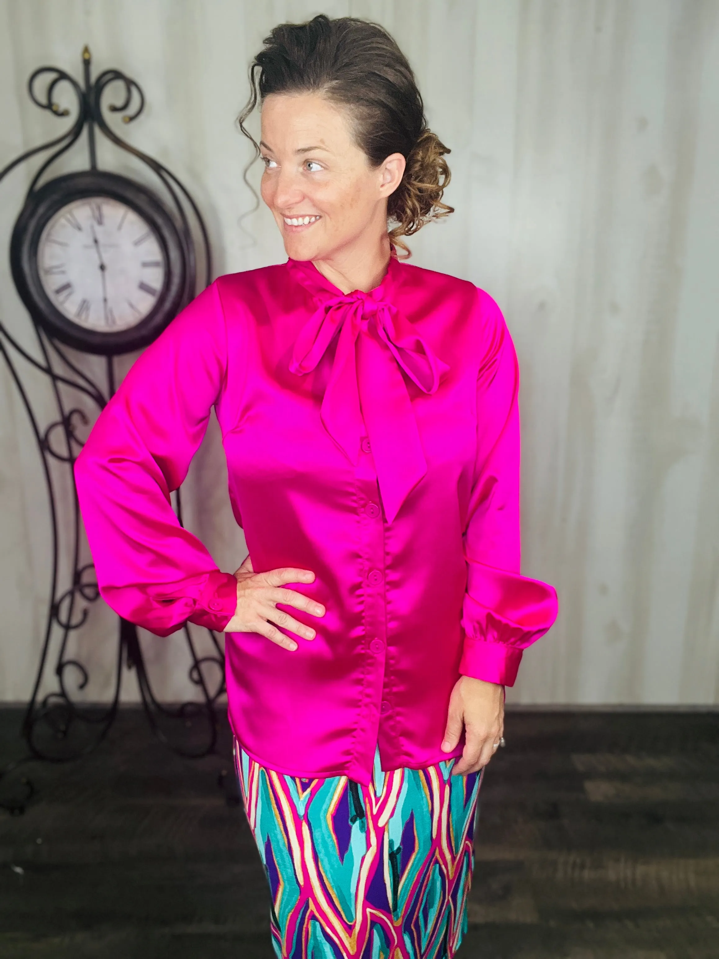 Mindy Satin Style Button Down Blouse- Hot Pink