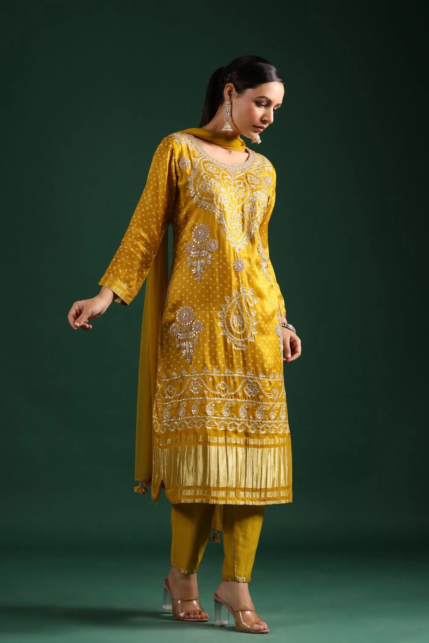 Mustard Bandhej Gajji Silk Kurta Set