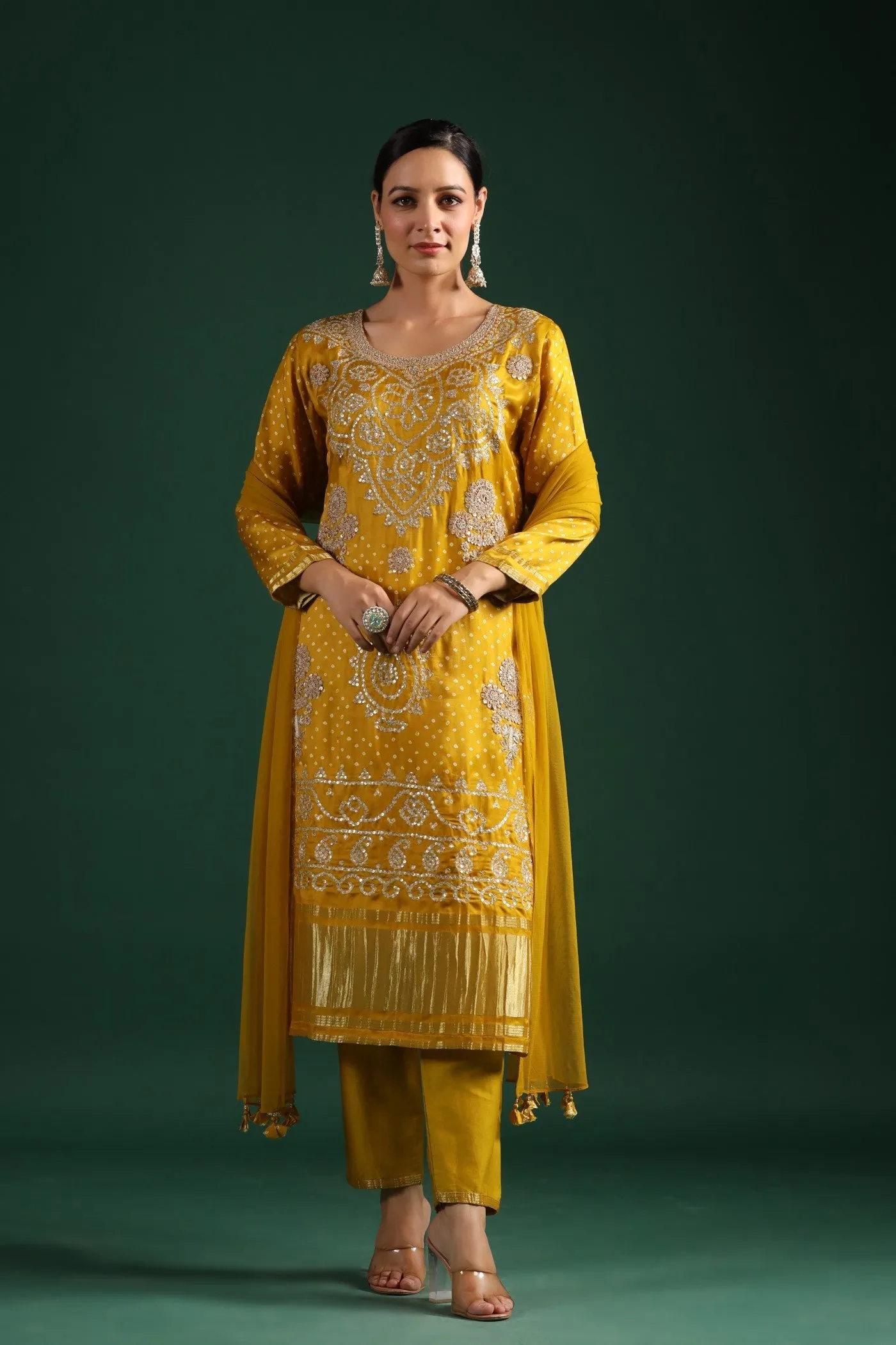 Mustard Bandhej Gajji Silk Kurta Set