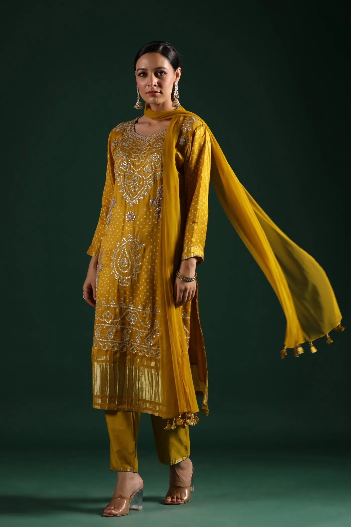 Mustard Bandhej Gajji Silk Kurta Set