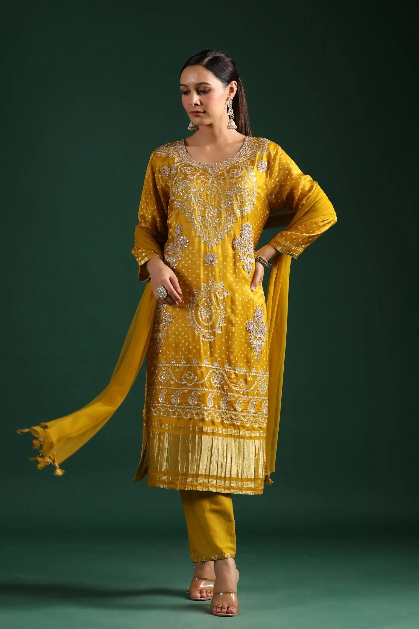 Mustard Bandhej Gajji Silk Kurta Set