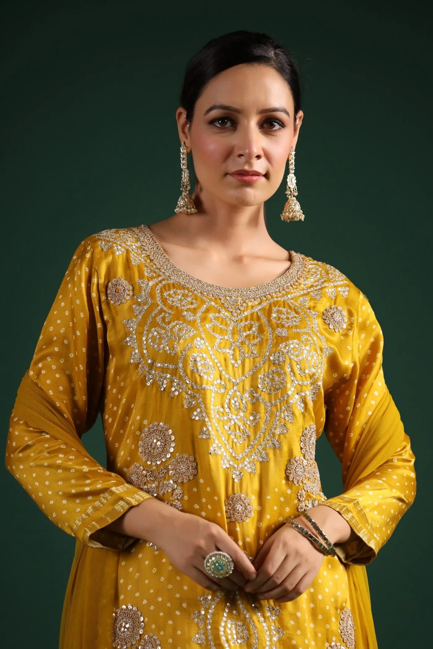 Mustard Bandhej Gajji Silk Kurta Set