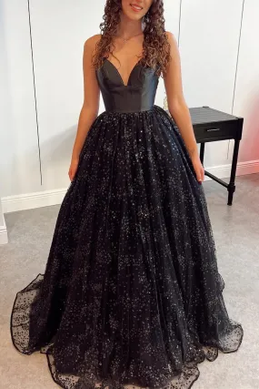New Style Black V Neck New Arrival Sequin Long Tulle Long Prom Dresses Sparkly Evening Dresses