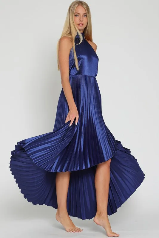 Pleated High Low Halter Dress