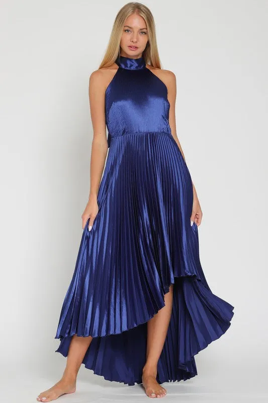 Pleated High Low Halter Dress