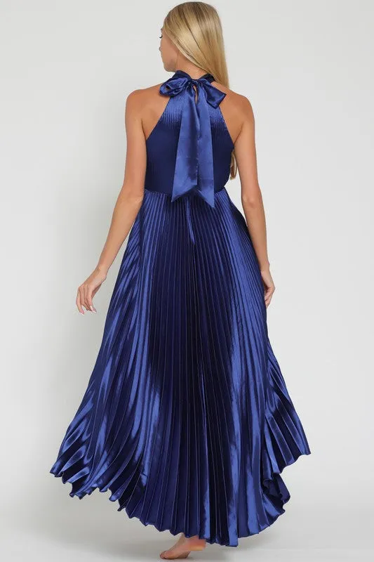 Pleated High Low Halter Dress
