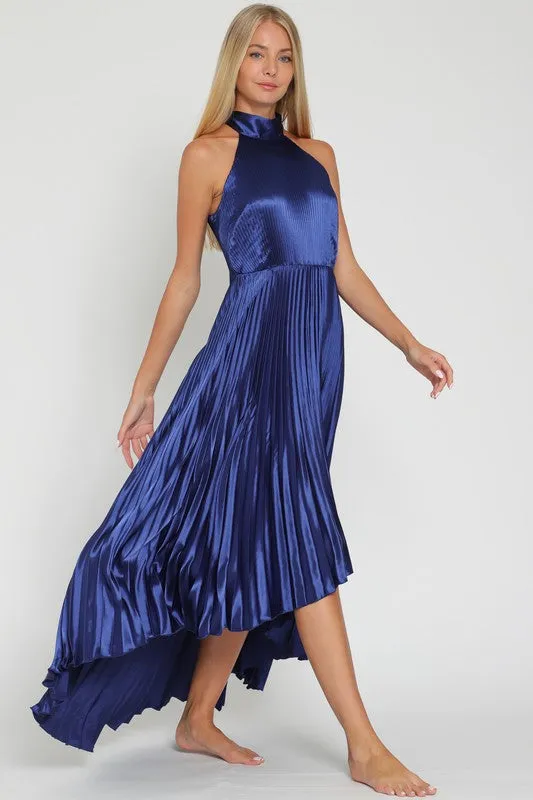 Pleated High Low Halter Dress