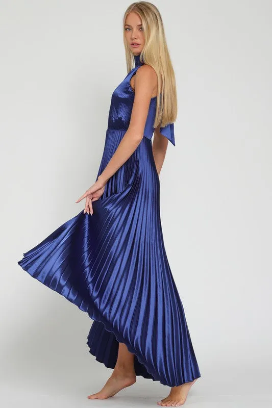 Pleated High Low Halter Dress