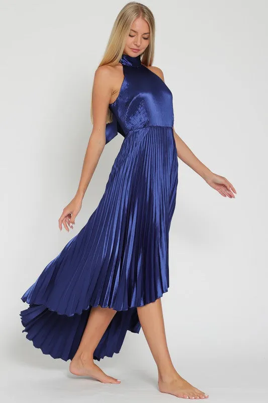 Pleated High Low Halter Dress