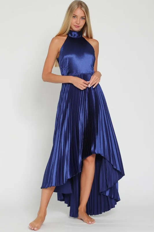 Pleated High Low Halter Dress