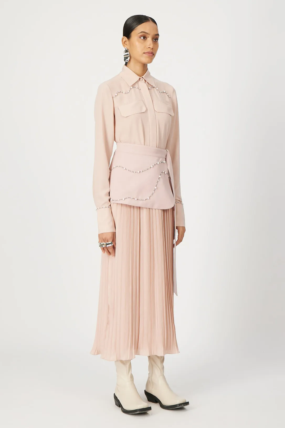 powder peach pleated dareth skirt with detachable crafted belt