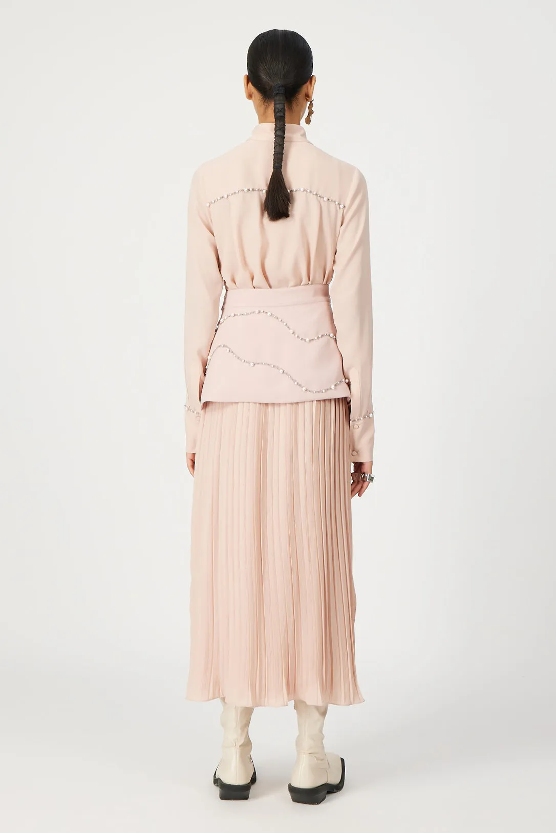 powder peach pleated dareth skirt with detachable crafted belt