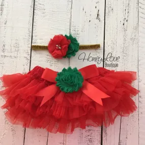 Red/Green Embellished tutu skirt bloomers and Gold/Silver glitter headband