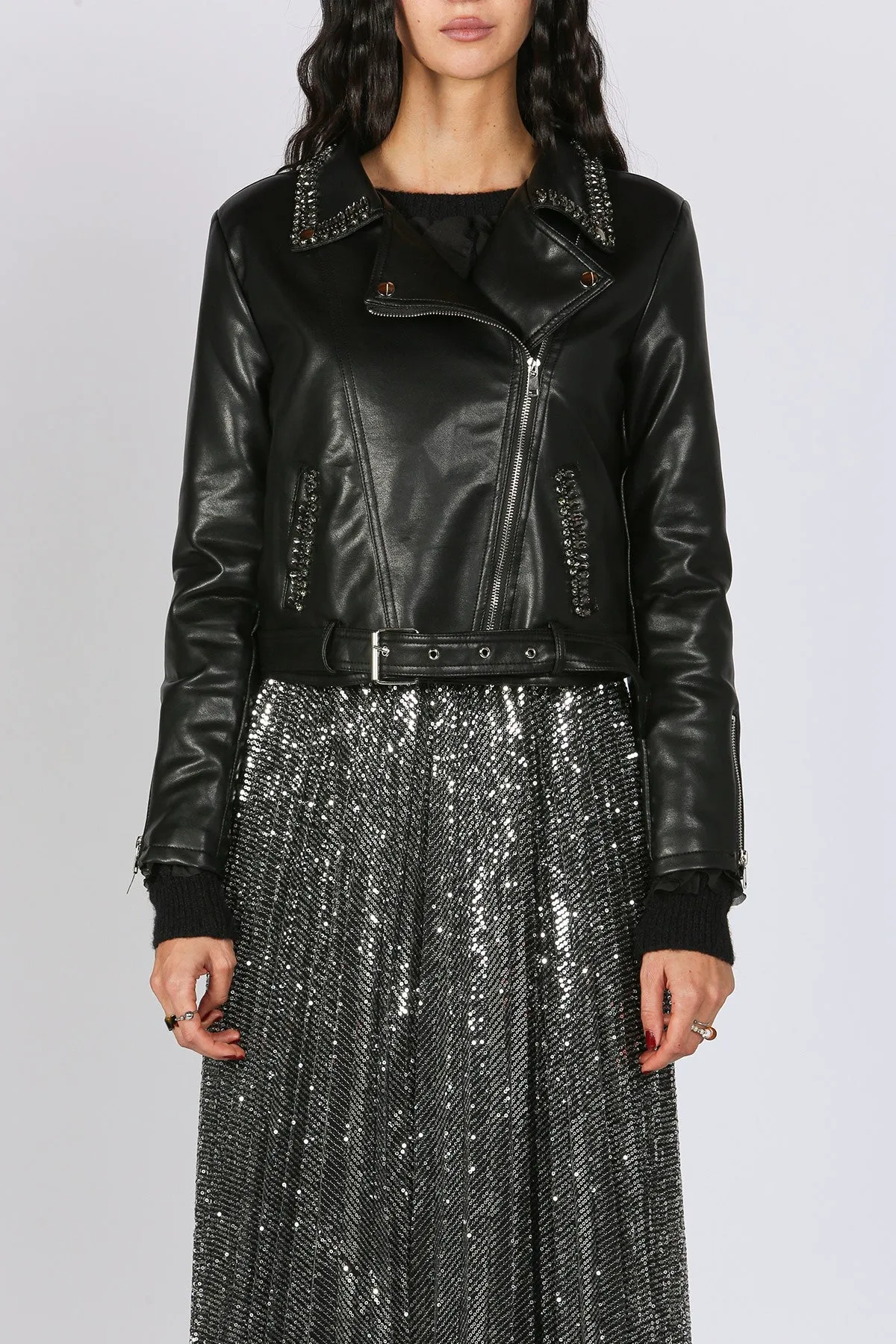 Rhinestone Vegan Leather Jacket | Black