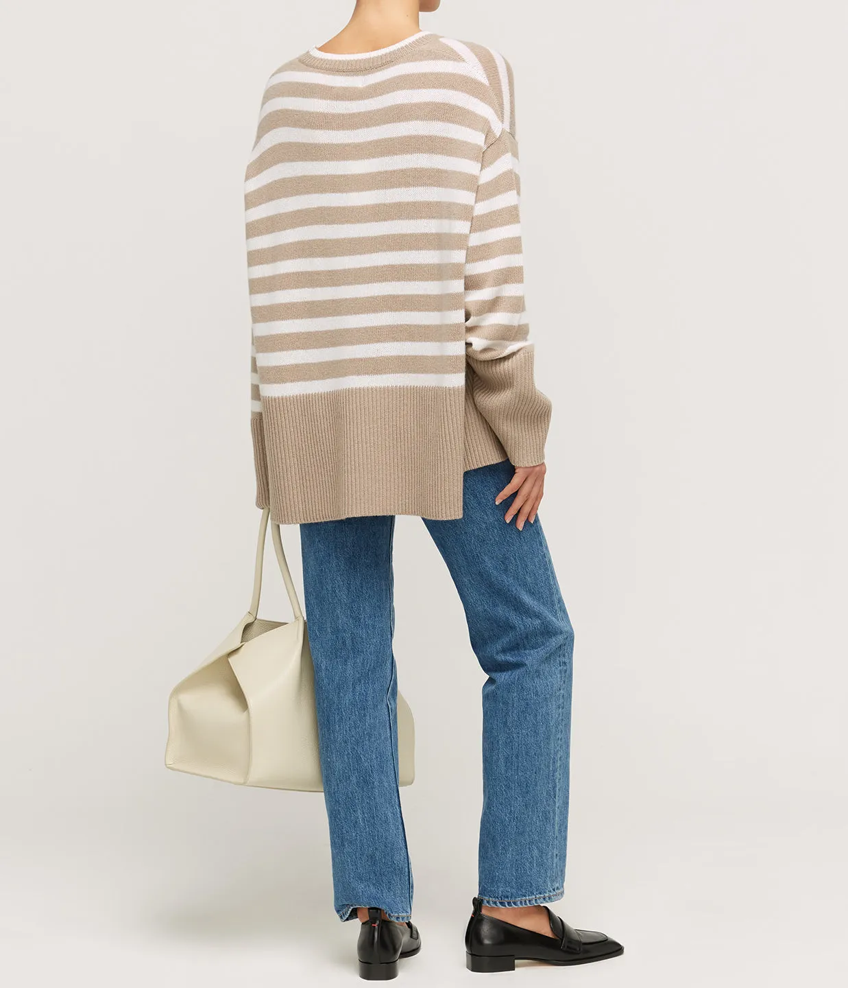 Round Neck Wool and Cashmere Sweater in Sand Stripe