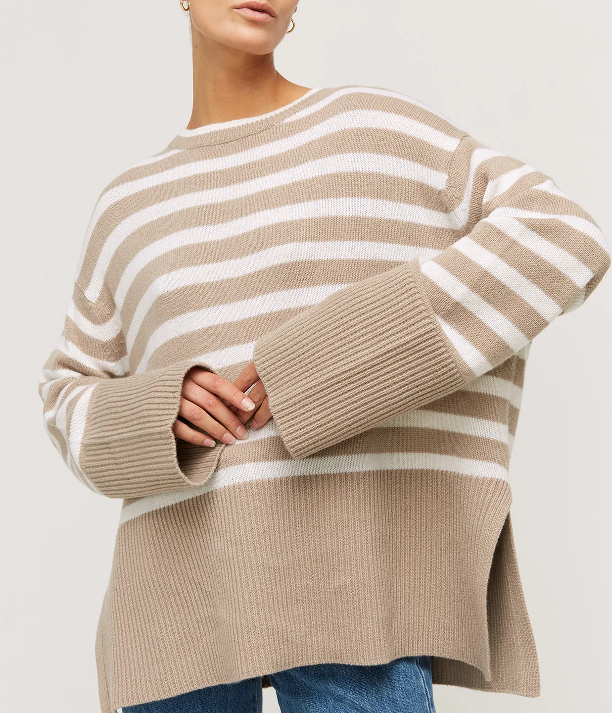 Round Neck Wool and Cashmere Sweater in Sand Stripe