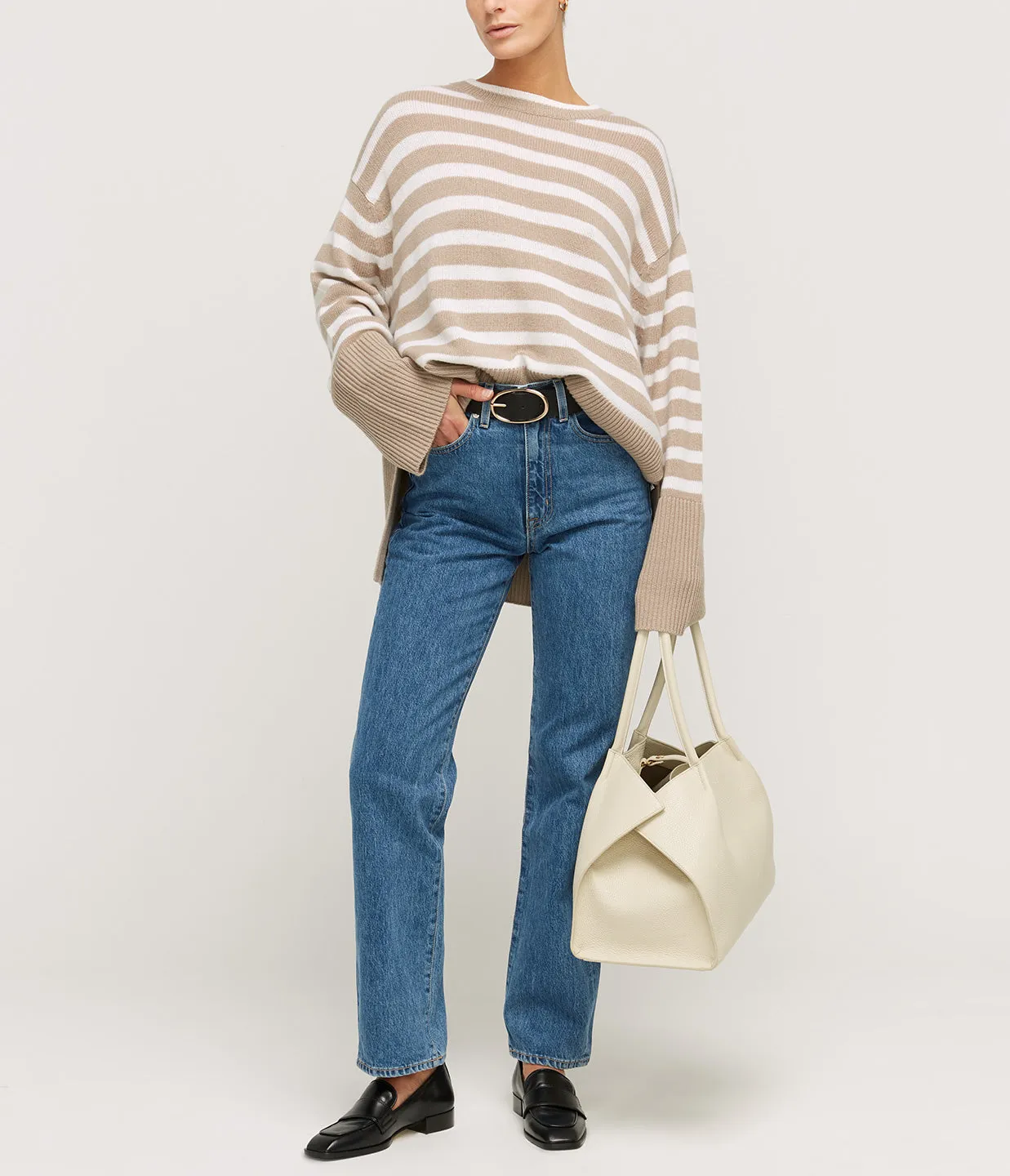 Round Neck Wool and Cashmere Sweater in Sand Stripe