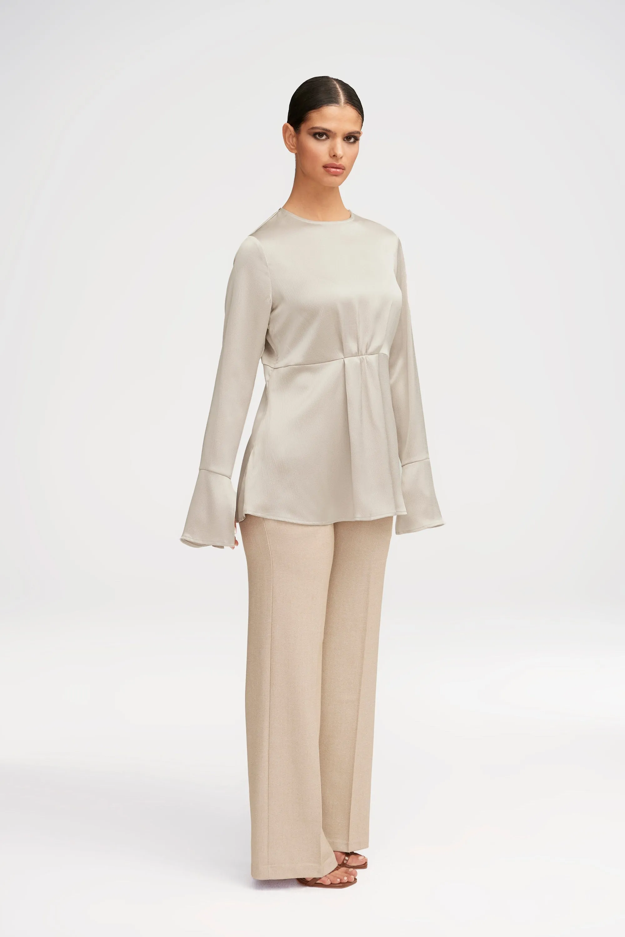 Samira Split Sleeve Satin Blouse - Stone