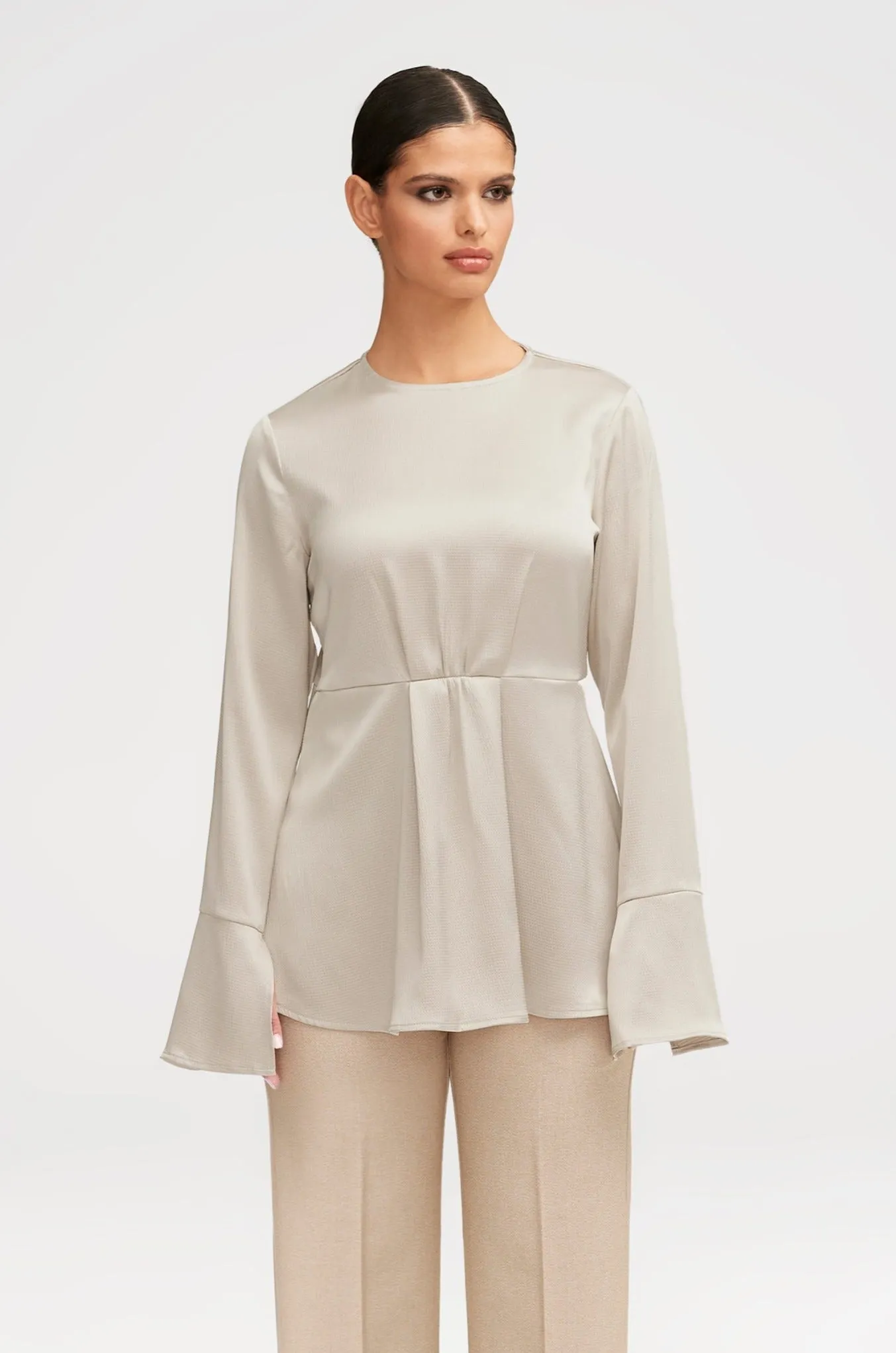 Samira Split Sleeve Satin Blouse - Stone