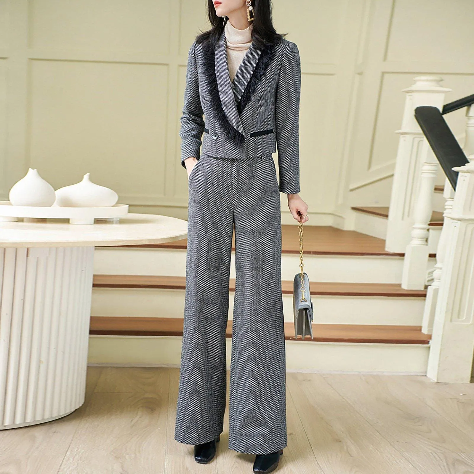 Short Blazer & Wide Leg Pants Set