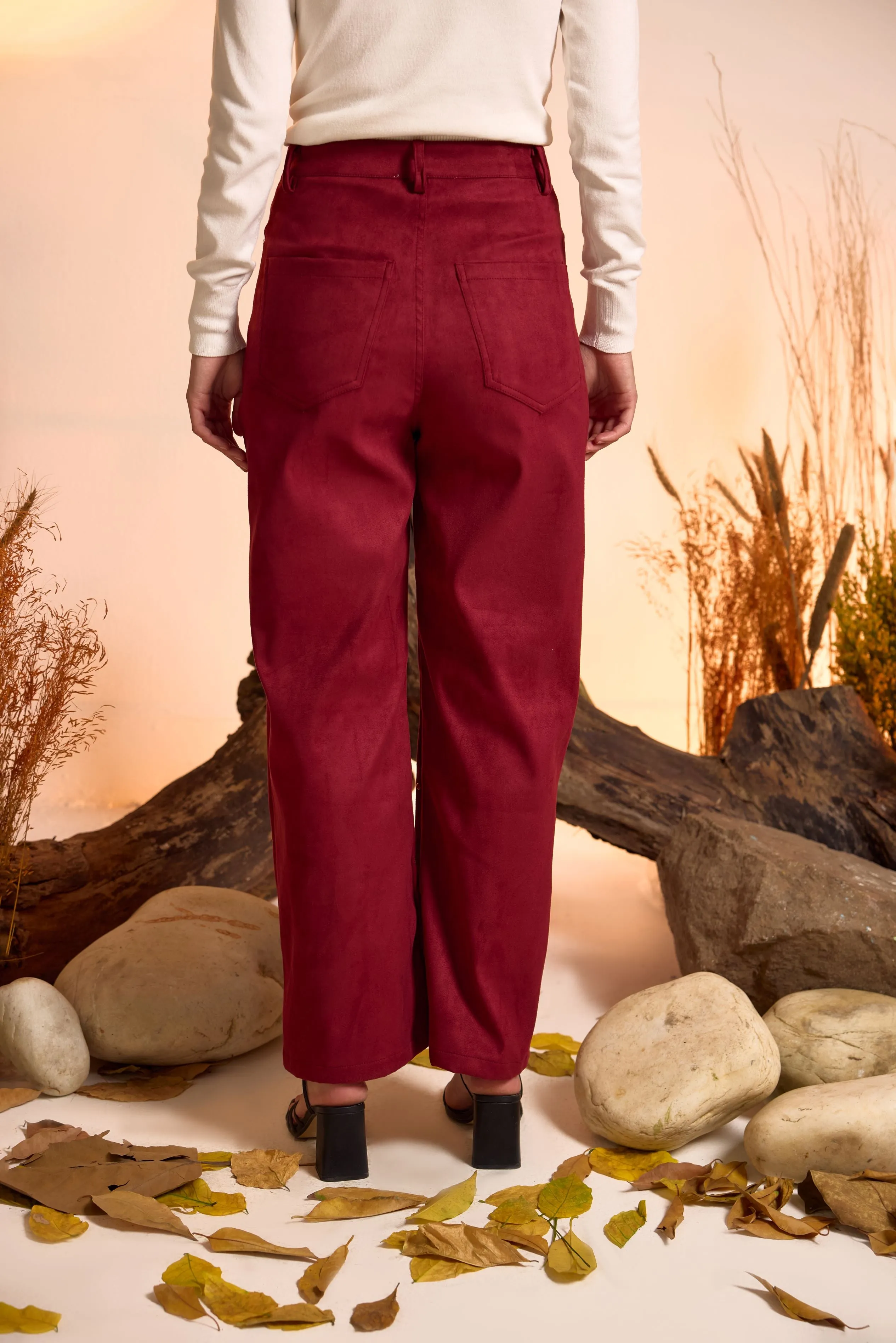 Suede Luxe Studded Jacket & Pant Set-Wine Red