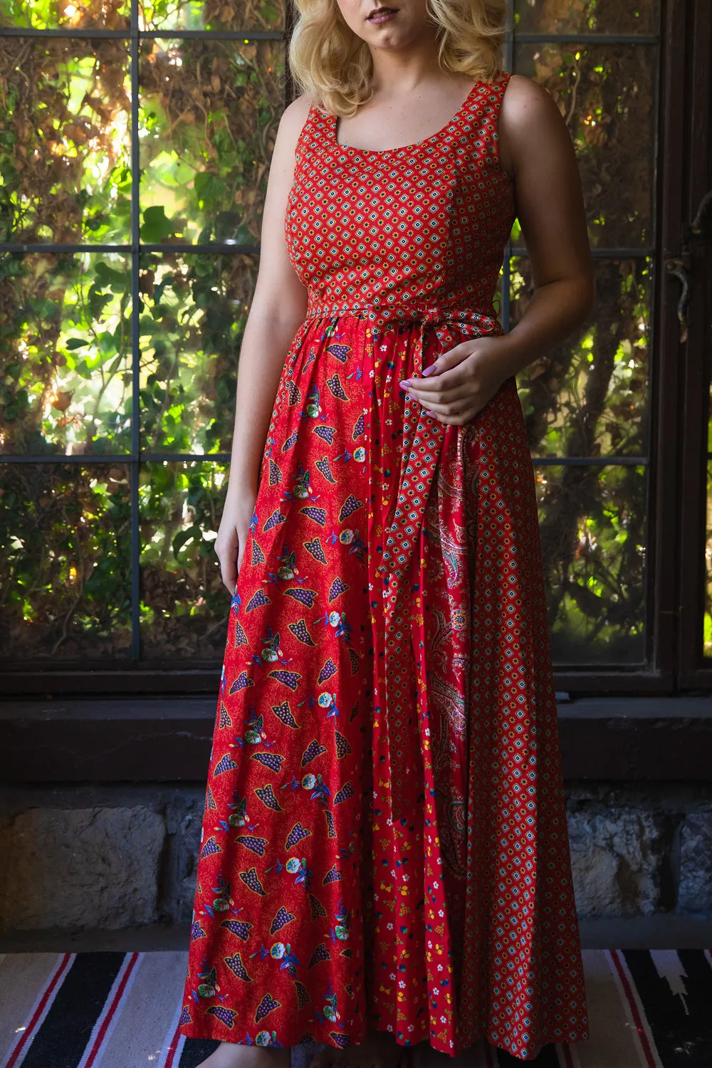 Vintage 1970s Red Patchwork Maxi Dress - Medium