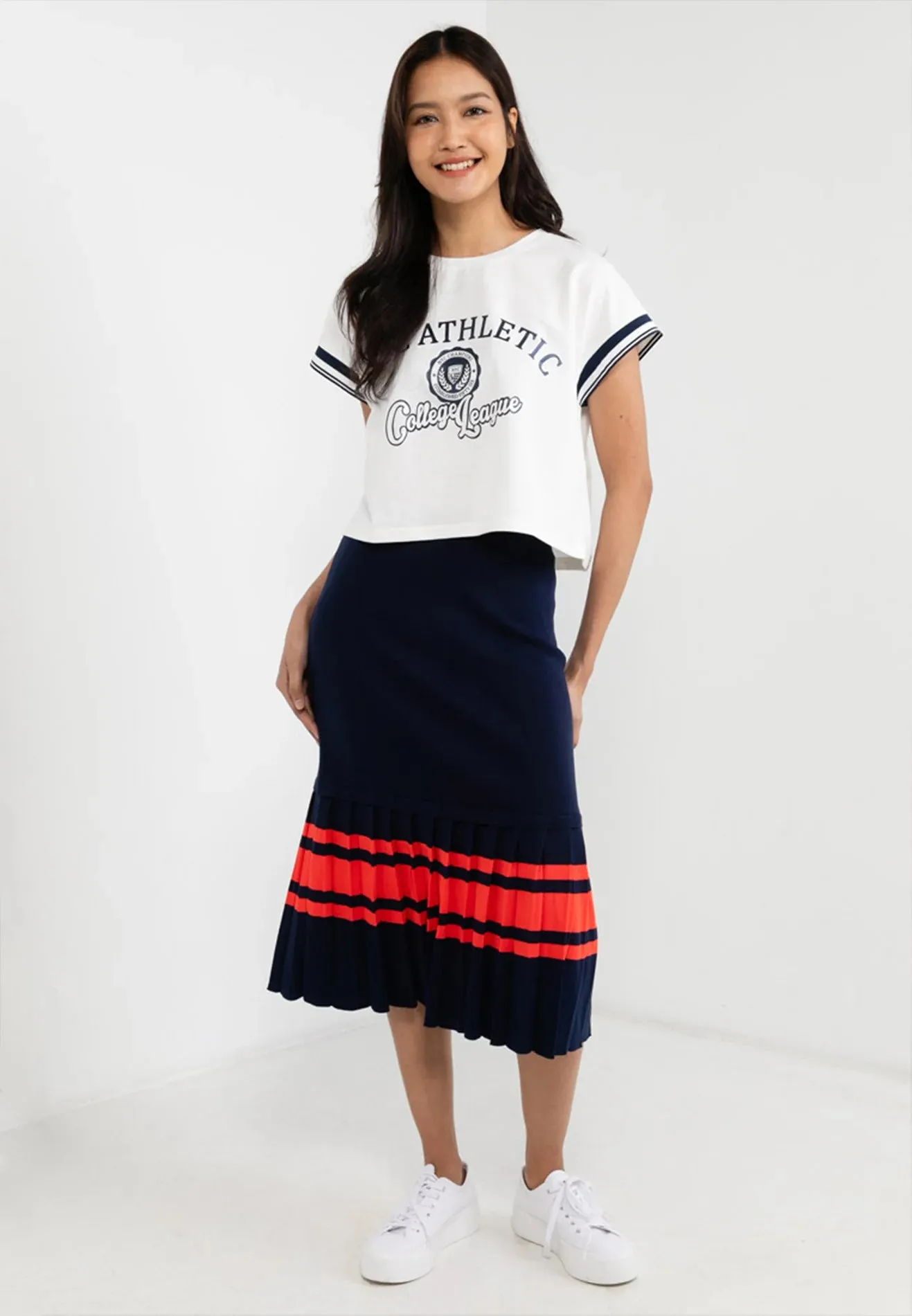 VOIR JEANS Striped Pleated Midi Skirt