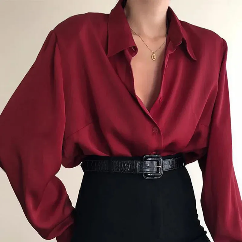 Women's Button Down Collar Office Lady Long Sleeve Casual Loose OL Baggy Blouse - Red/Wine Red/Black