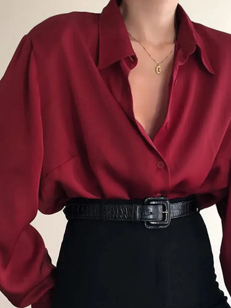 Women's Button Down Collar Office Lady Long Sleeve Casual Loose OL Baggy Blouse - Red/Wine Red/Black