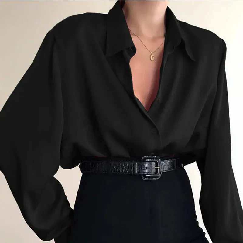 Women's Button Down Collar Office Lady Long Sleeve Casual Loose OL Baggy Blouse - Red/Wine Red/Black