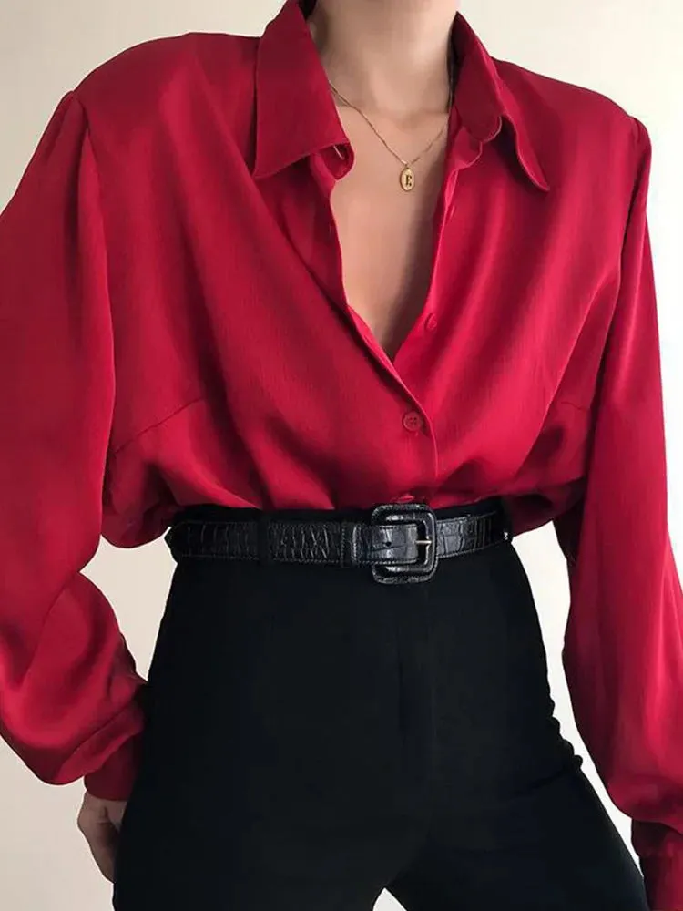 Women's Button Down Collar Office Lady Long Sleeve Casual Loose OL Baggy Blouse - Red/Wine Red/Black