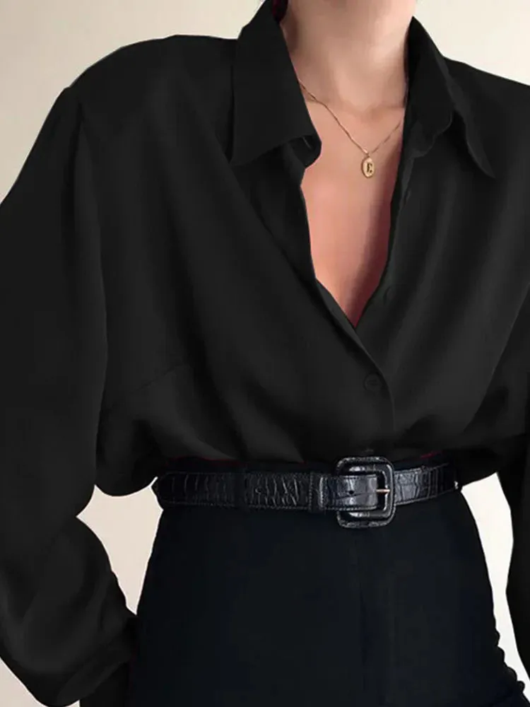 Women's Button Down Collar Office Lady Long Sleeve Casual Loose OL Baggy Blouse - Red/Wine Red/Black