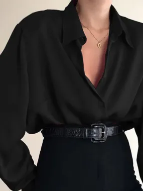 Women's Button Down Collar Office Lady Long Sleeve Casual Loose OL Baggy Blouse - Red/Wine Red/Black